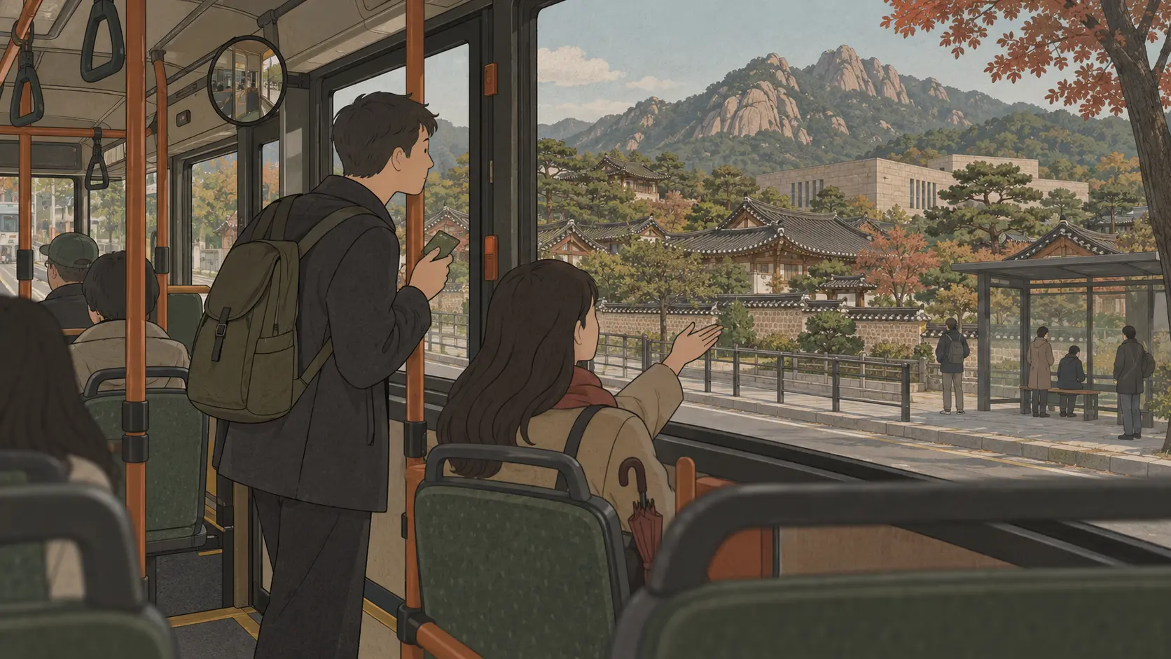 Bukchon vs Eunpyeong Hanok Village travel includes passengers approaching Eunpyeong by bus with Bukhansan outside.