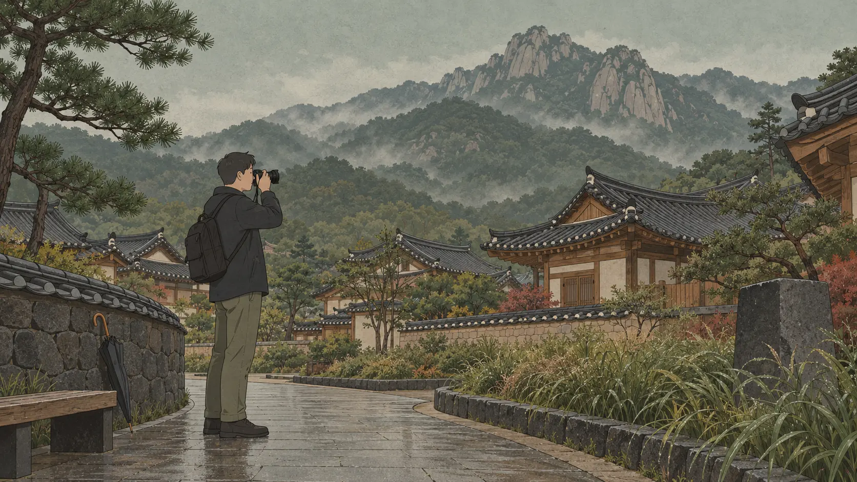 Bukchon vs Eunpyeong Hanok Village includes a visitor photographing Eunpyeong with Bukhansan behind the tiled roofs.