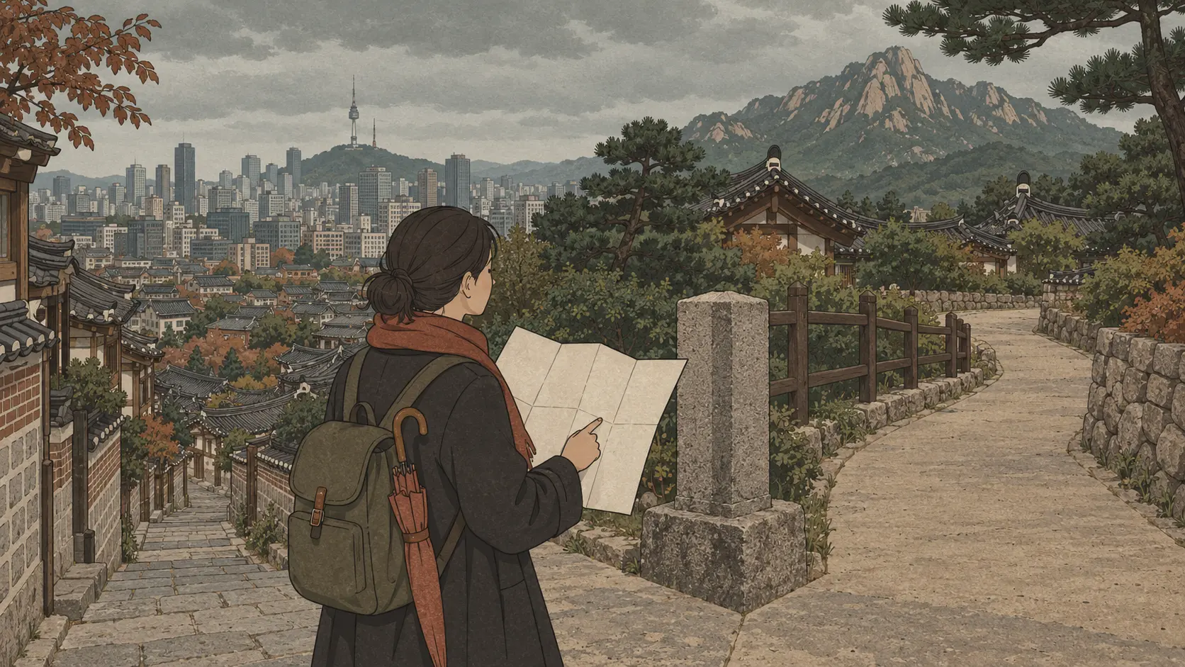 Bukchon vs Eunpyeong Hanok Village is represented by a traveler choosing between an urban lane and a path toward Bukhansan.