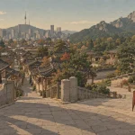Bukchon vs Eunpyeong Hanok Village shown through hanok rooftops, Seoul skyline, and Bukhansan mountain scenery.
