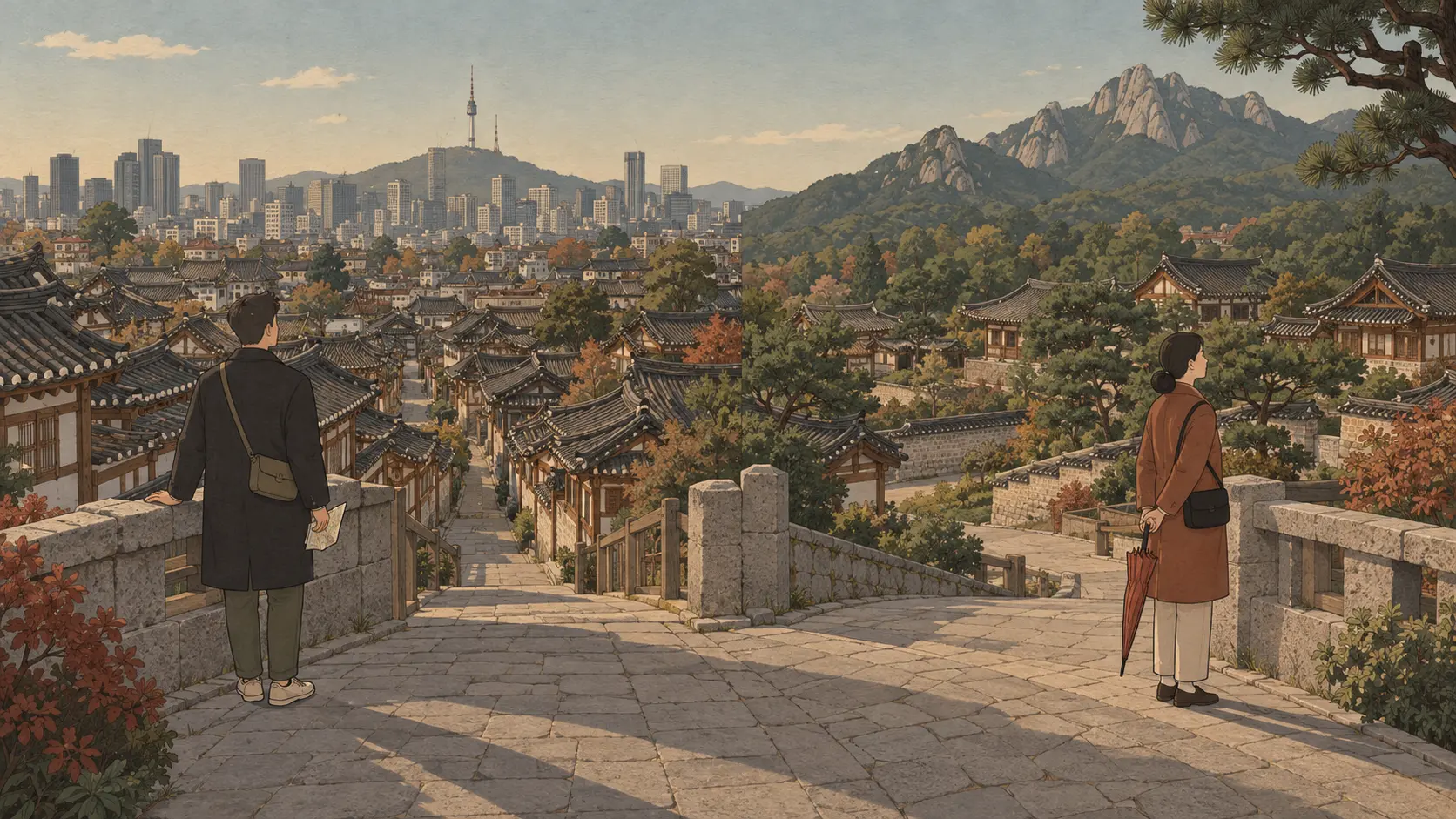 Bukchon vs Eunpyeong Hanok Village shown through hanok rooftops, Seoul skyline, and Bukhansan mountain scenery.