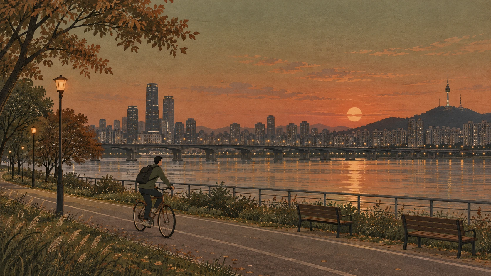 Han River Seoul guide scene with a cyclist riding beside the water at an autumn sunset.