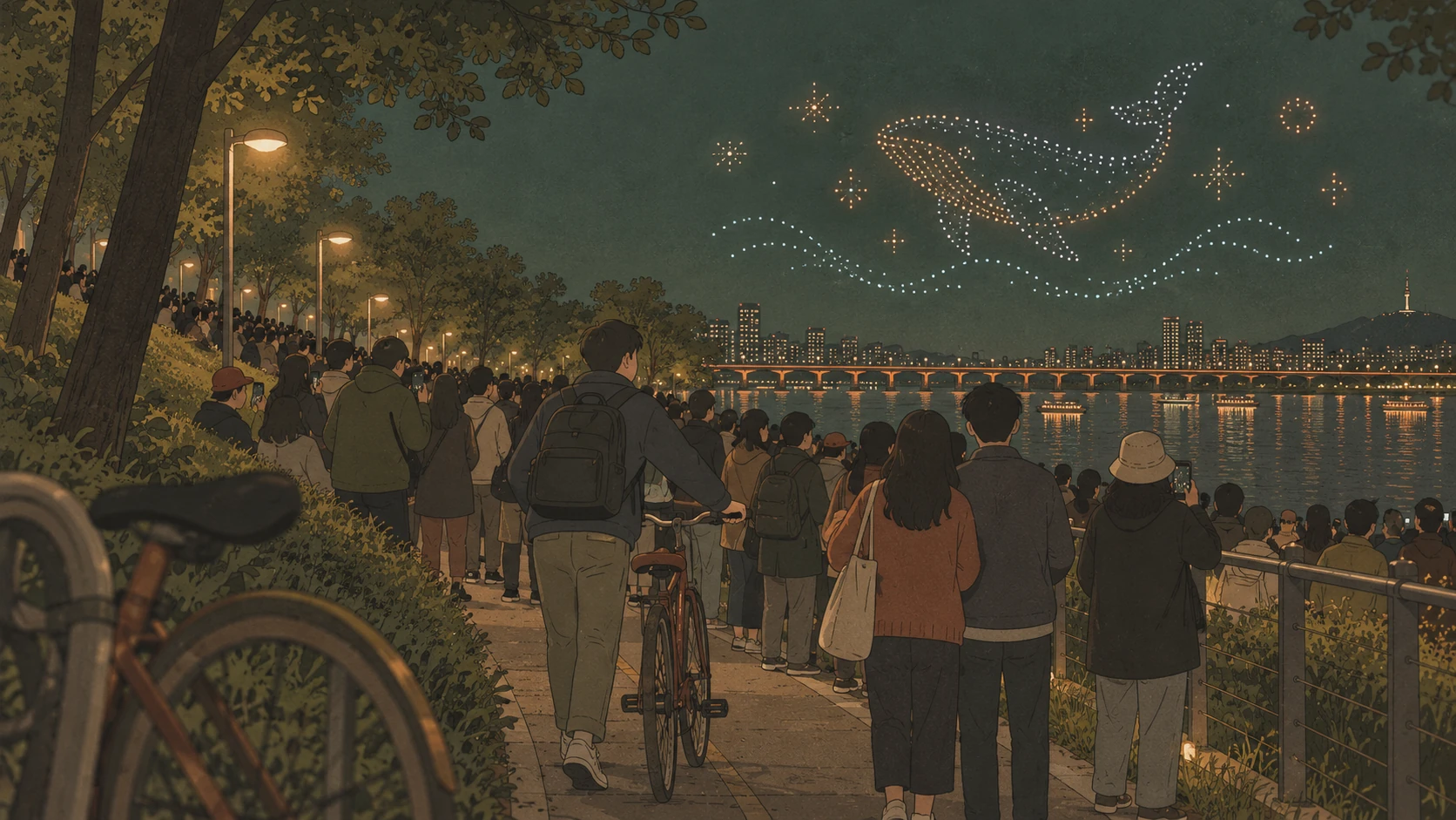 Han River Seoul guide scene of a cyclist walking through a dense crowd watching a drone show.