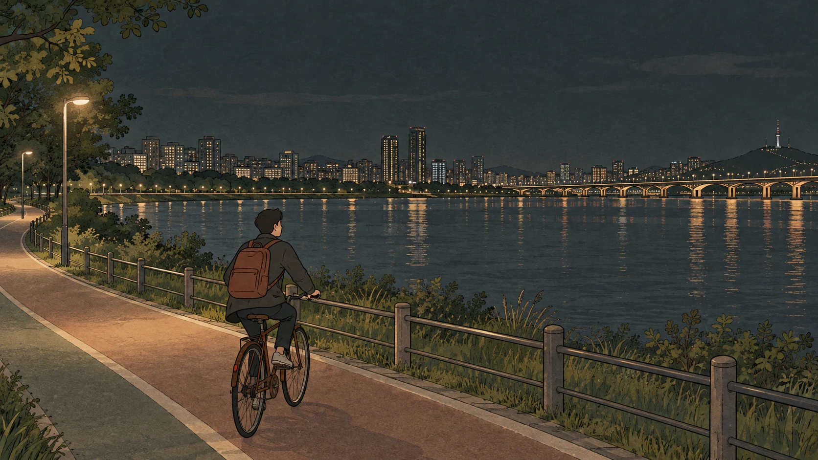 Han River Seoul guide view of a cyclist riding alone beside the illuminated river late at night.