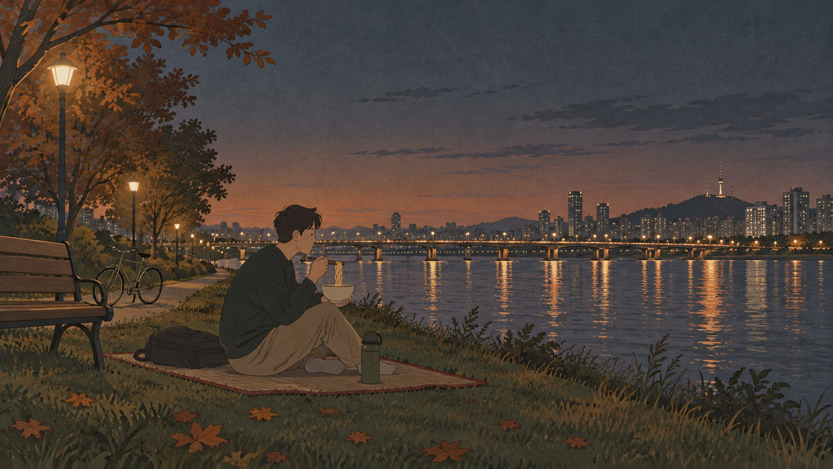 Han River Seoul guide recommendation of eating convenience-store ramen beside the river on a September evening.