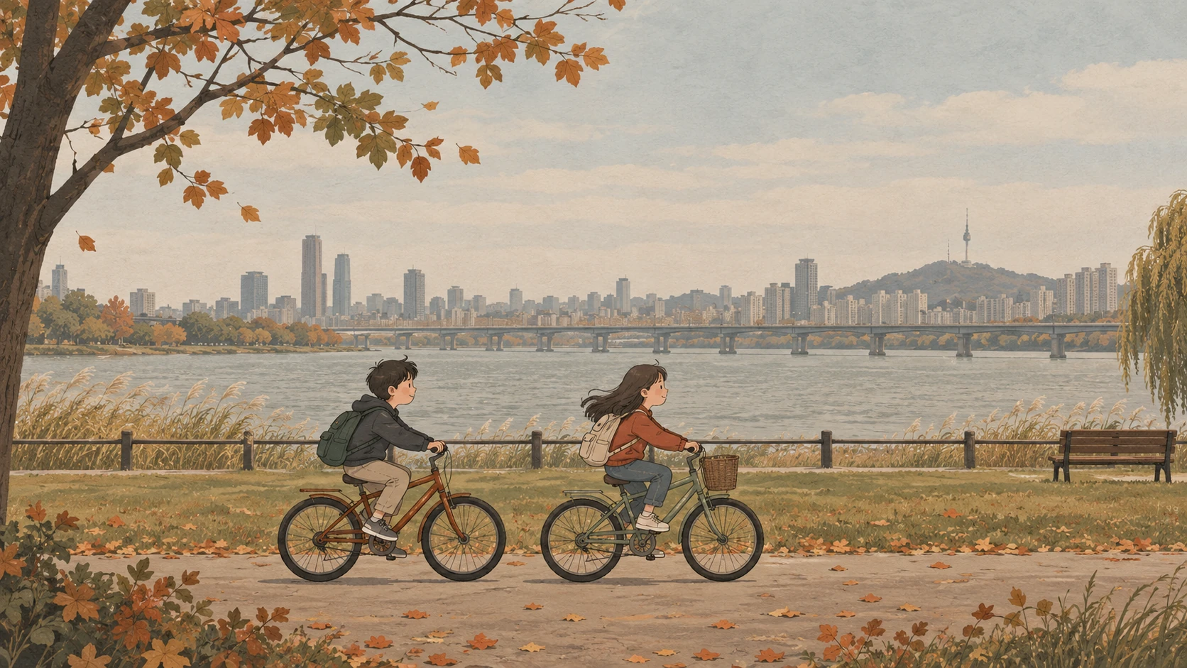 Han River Seoul guide memory of two children cycling beside the river in Yeouido during autumn.