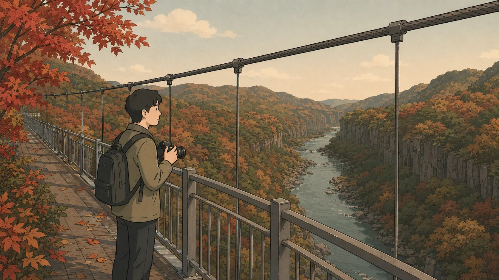 Hantangang Sky Bridge spans an autumn-colored gorge as a traveler imagines returning.