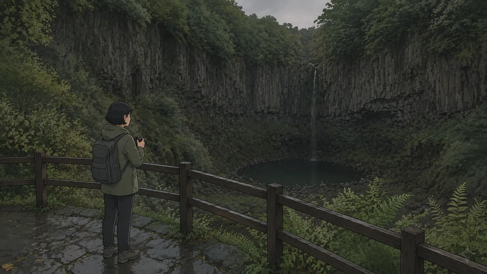 Hantangang Sky Bridge visitors view Bidulginang Falls inside a layered basalt hollow.