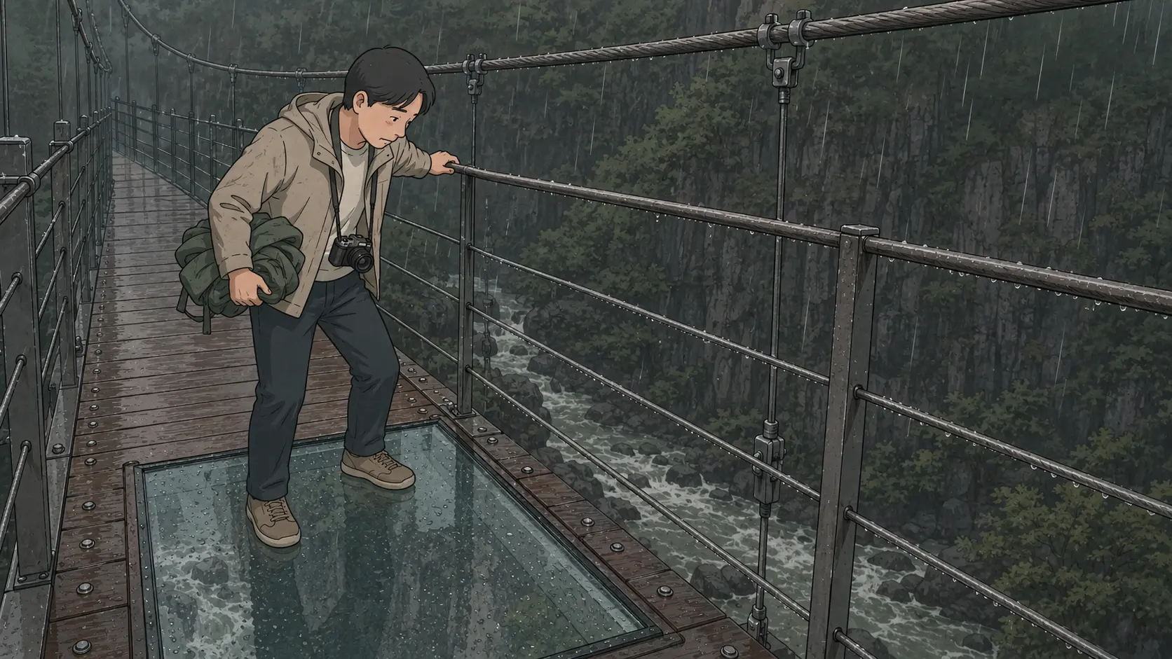 Hantangang Sky Bridge glass floor reveals the fast Hantan River below during light rain.