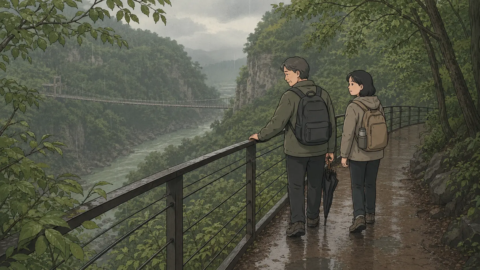 Hantangang Sky Bridge trail turns back in the rain as tired parents pause beside the wet path.