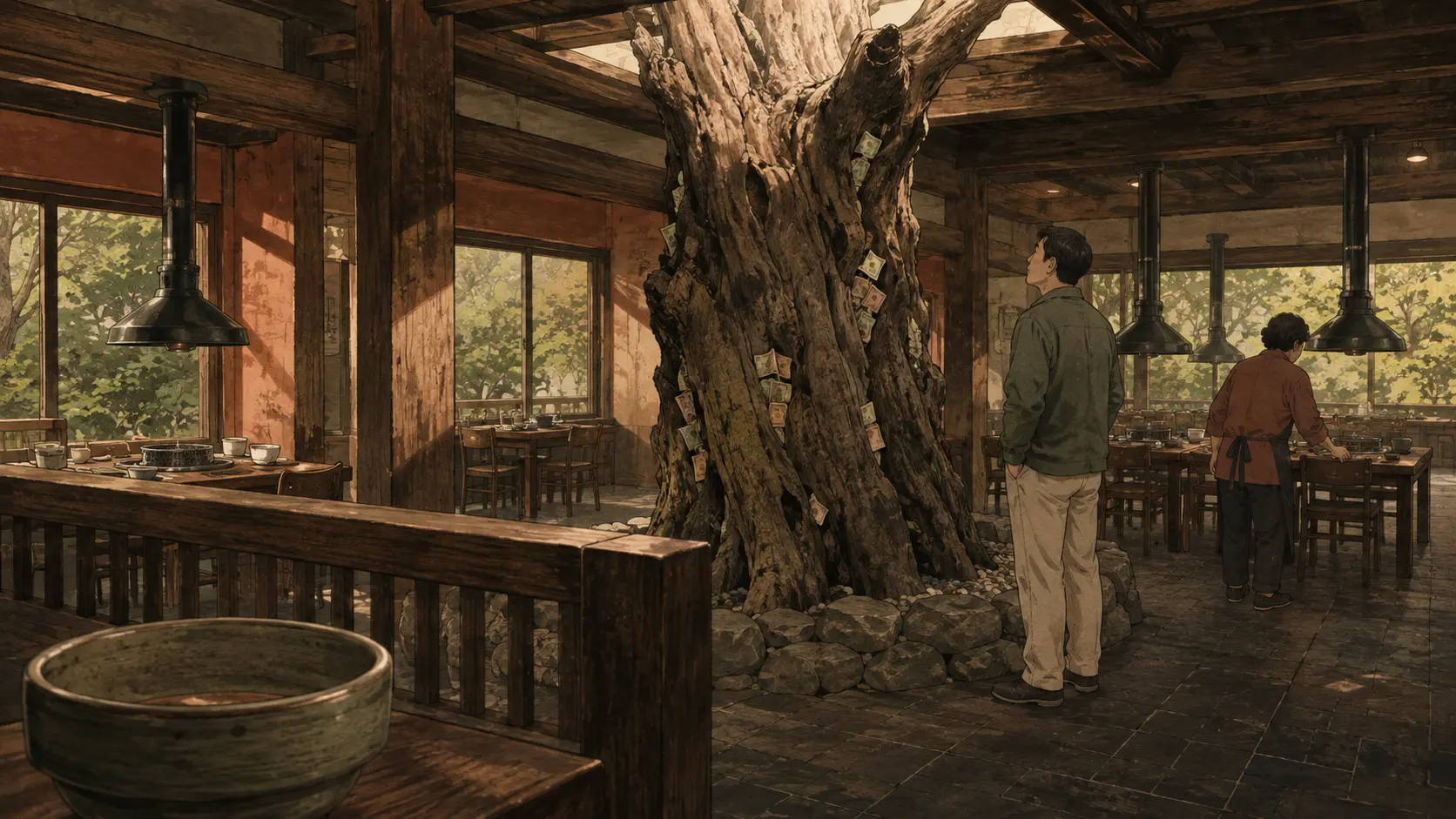 Idong galbi restaurant interior with a preserved dead tree and banknotes tucked into its trunk.