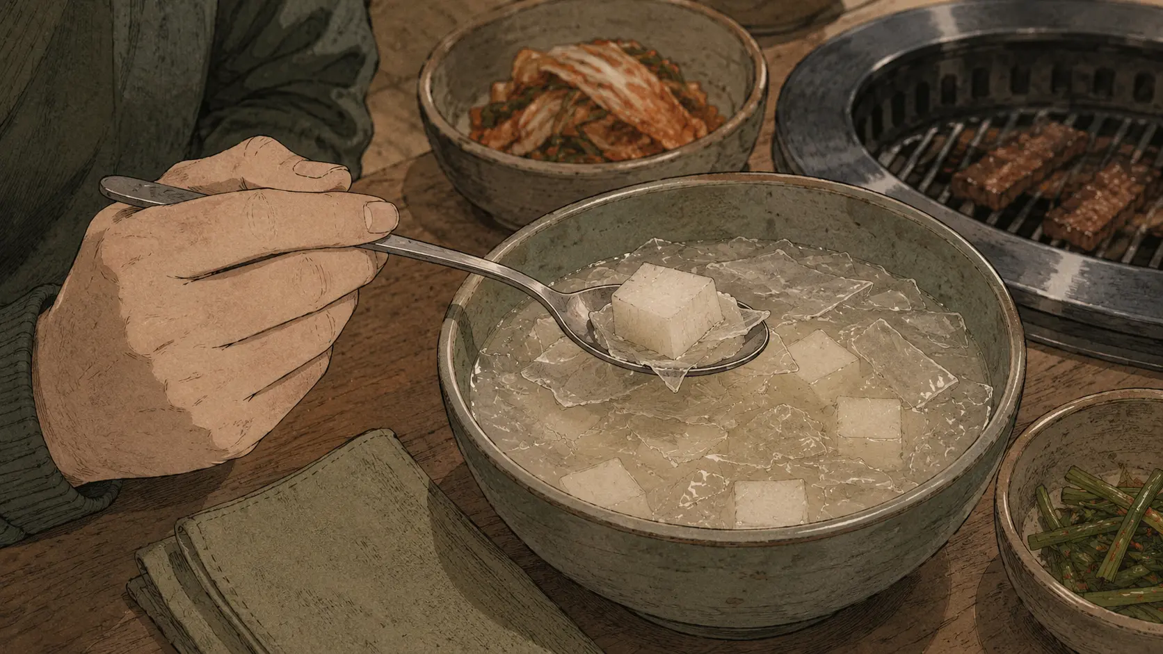 Idong galbi meal with icy dongchimi broth, radish cubes, and a spoon breaking the frozen surface.