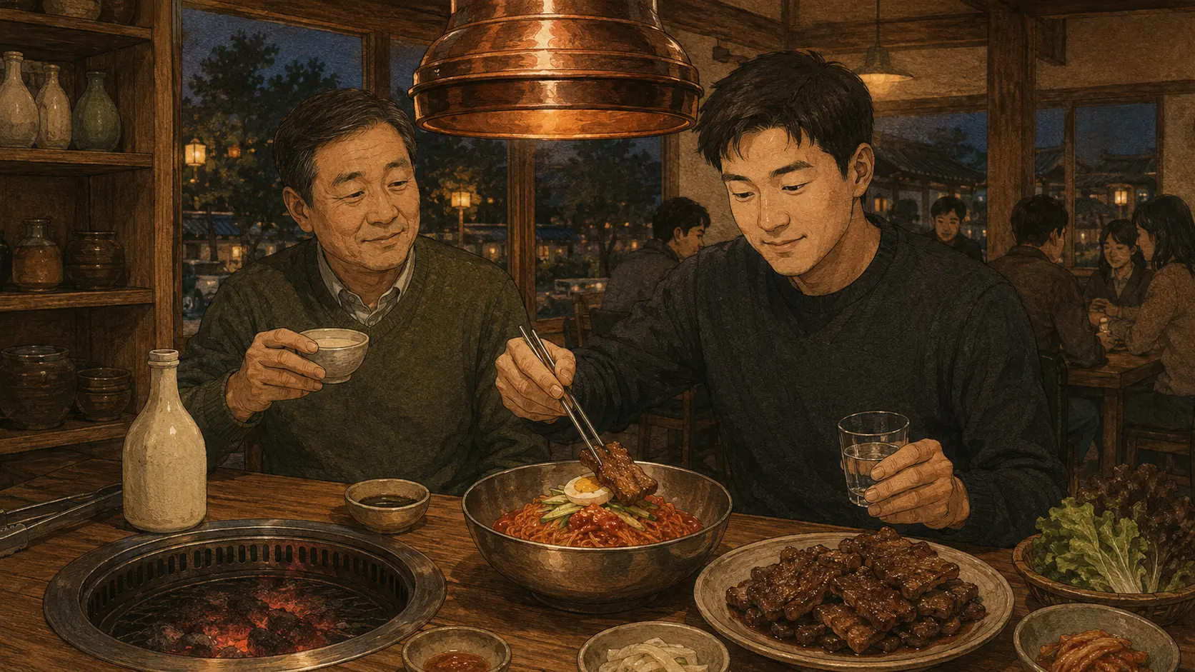 Idong galbi dinner with a father holding makgeolli while the driver pairs cooked beef with bibim naengmyeon.