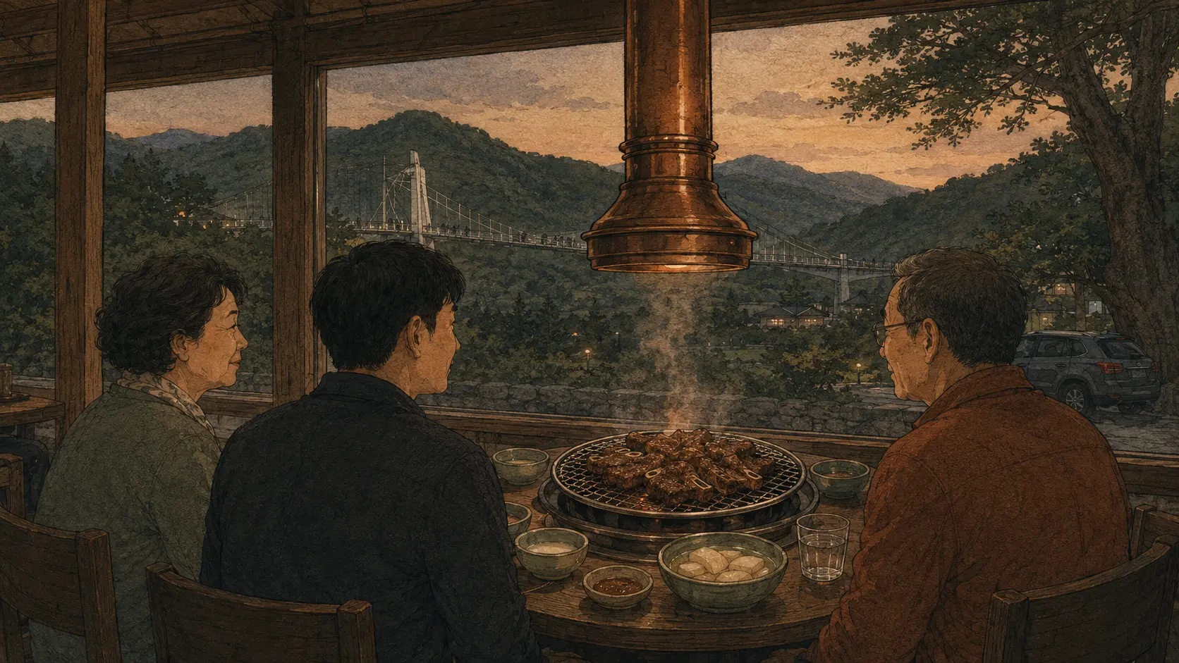 Idong galbi family dinner overlooking Pocheon hills and a bridge at dusk.