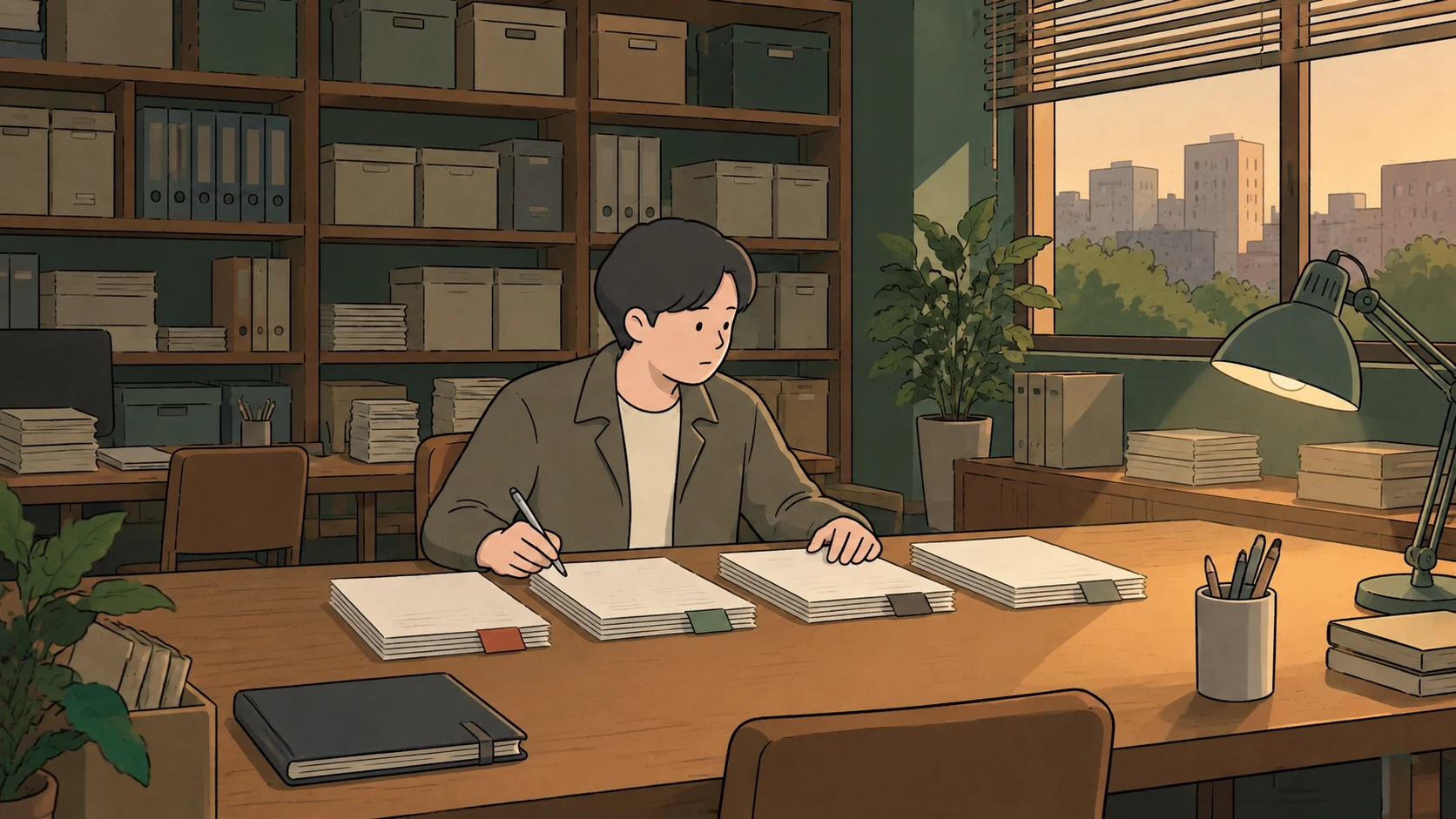 Korean blood type personality research scene with a researcher comparing four stacks of survey sheets at a desk.
