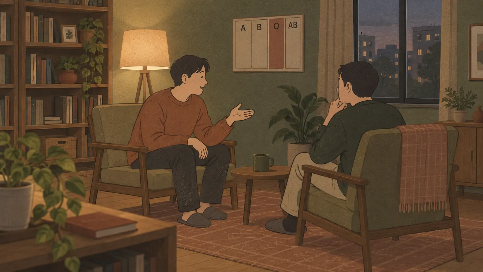 Korean blood type personality frames a type O speaker joking with a friend in a living room.