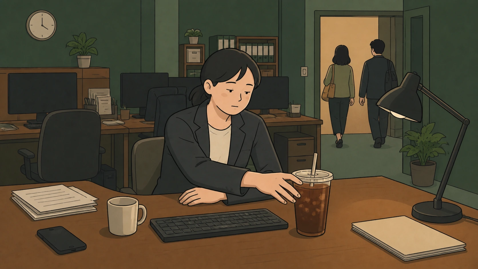 Korean cafe culture includes a tired office worker reaching for another iced coffee as coworkers leave.