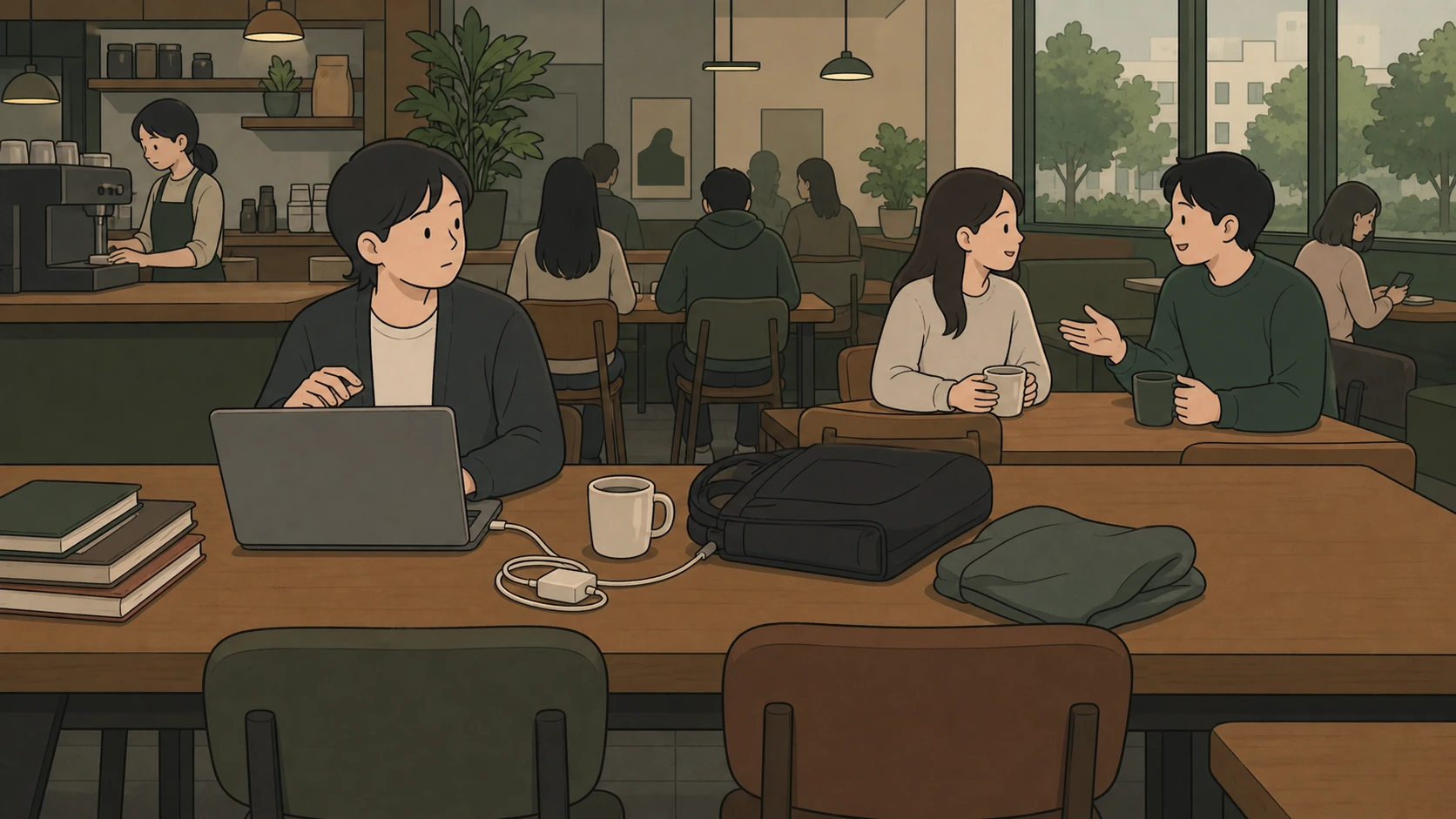 Korean cafe culture shows a laptop user occupying a shared table while nearby customers talk.