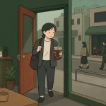 Korean cafe culture follows a worker leaving a cafe with a large iced coffee and work bag.