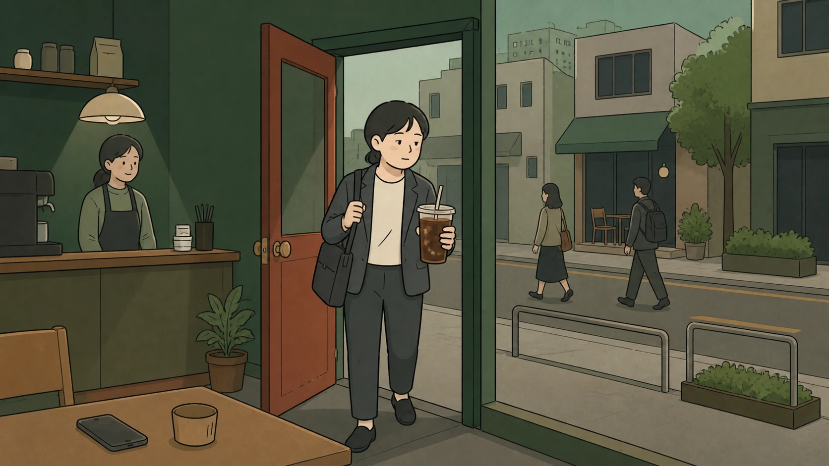 Korean cafe culture follows a worker leaving a cafe with a large iced coffee and work bag.