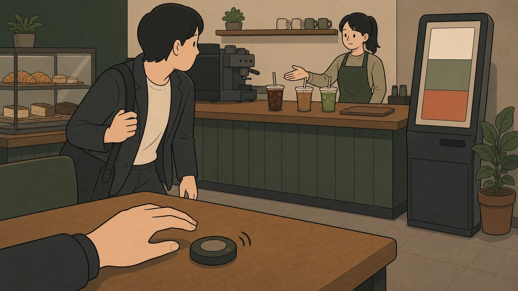Korean cafe culture uses a vibrating pager to guide a customer from the kiosk to the pickup counter.