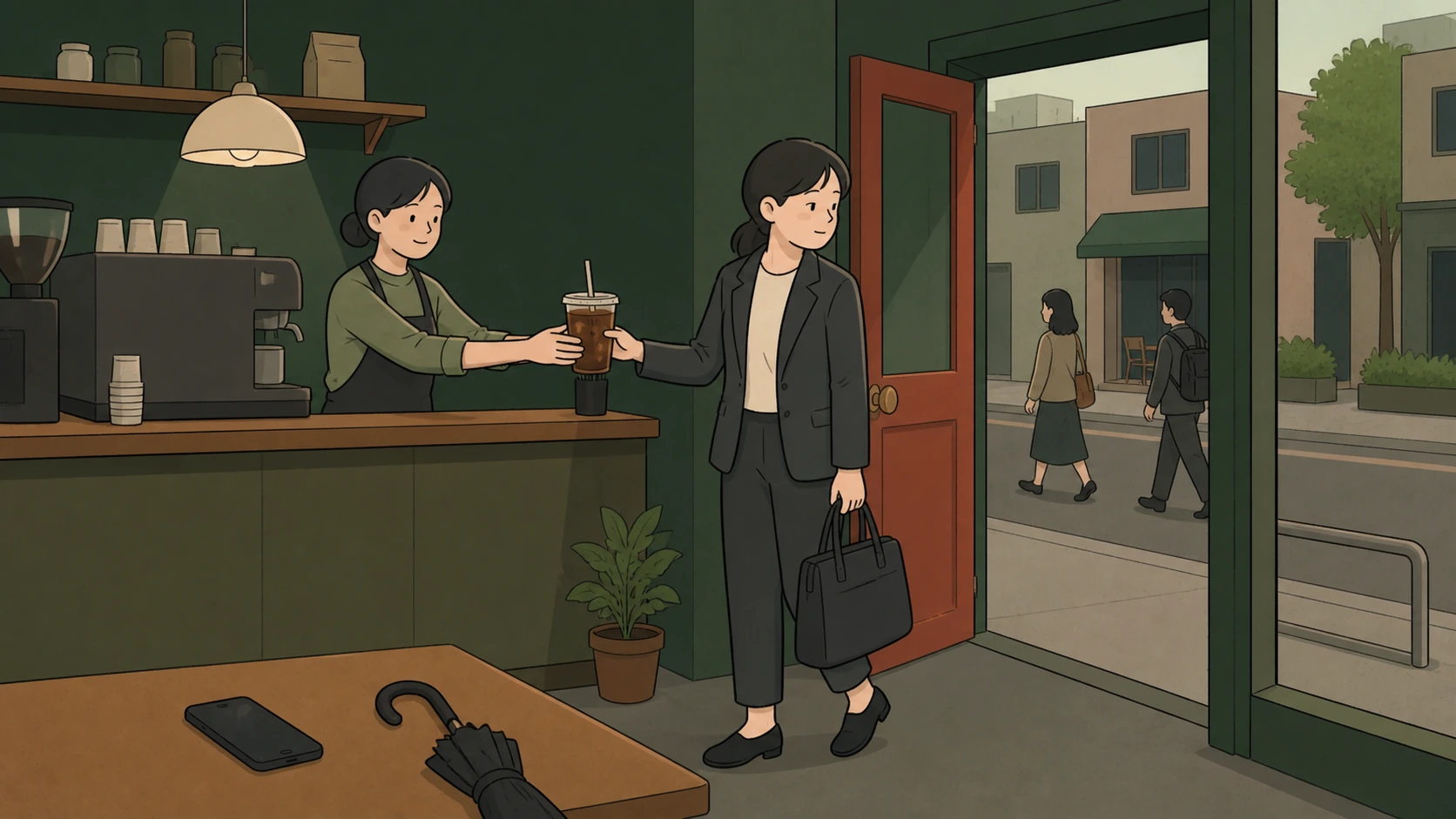 Korean cafe culture begins with a worker receiving a large iced coffee at the counter before heading to the office.