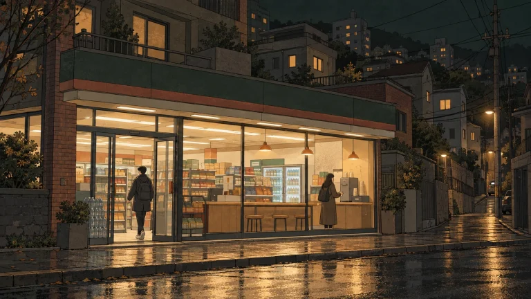 Korean convenience store food awaits customers inside a brightly lit neighborhood shop on a rainy night.