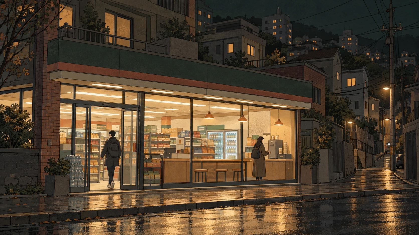 Korean convenience store food awaits customers inside a brightly lit neighborhood shop on a rainy night.
