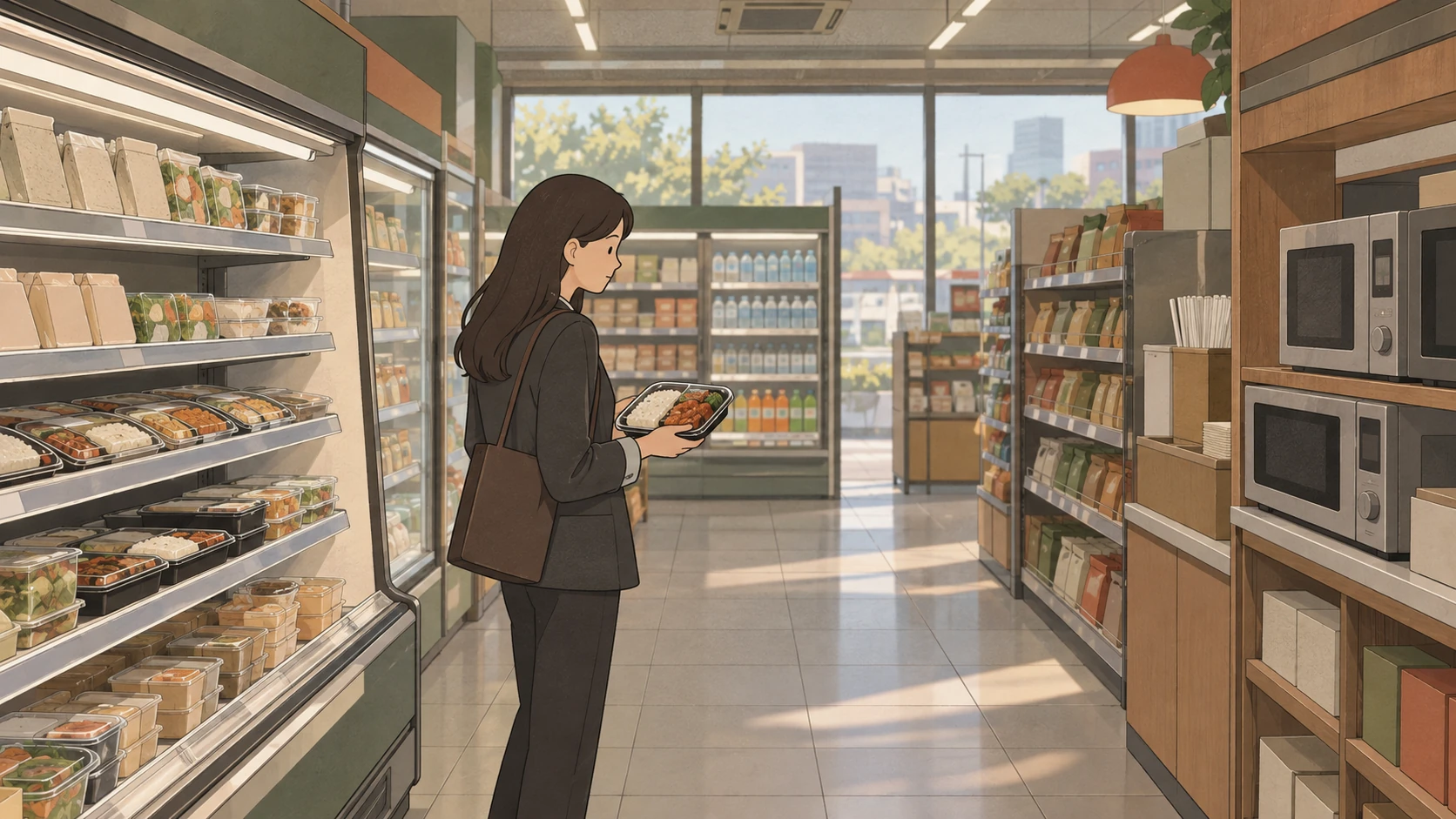 Korean convenience store food includes a lunchbox selected by an office worker beside the microwave station.