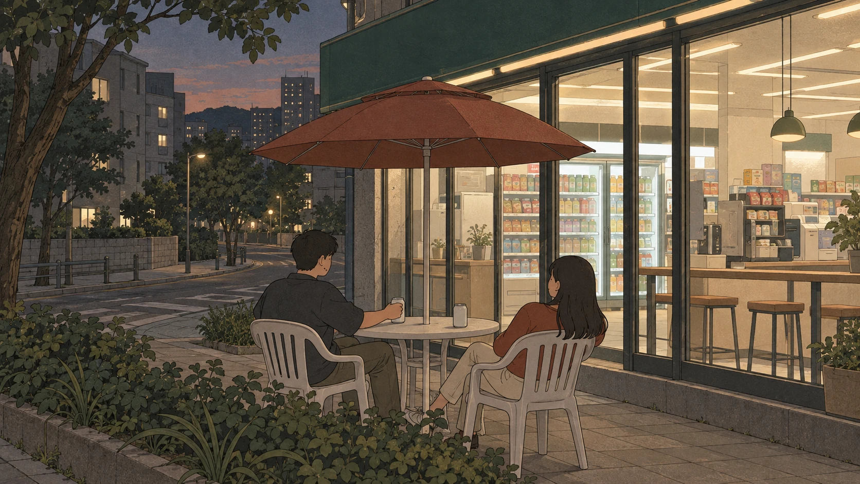 Korean convenience store food scene: two people sit under a parasol with canned drinks outside a store at dusk.