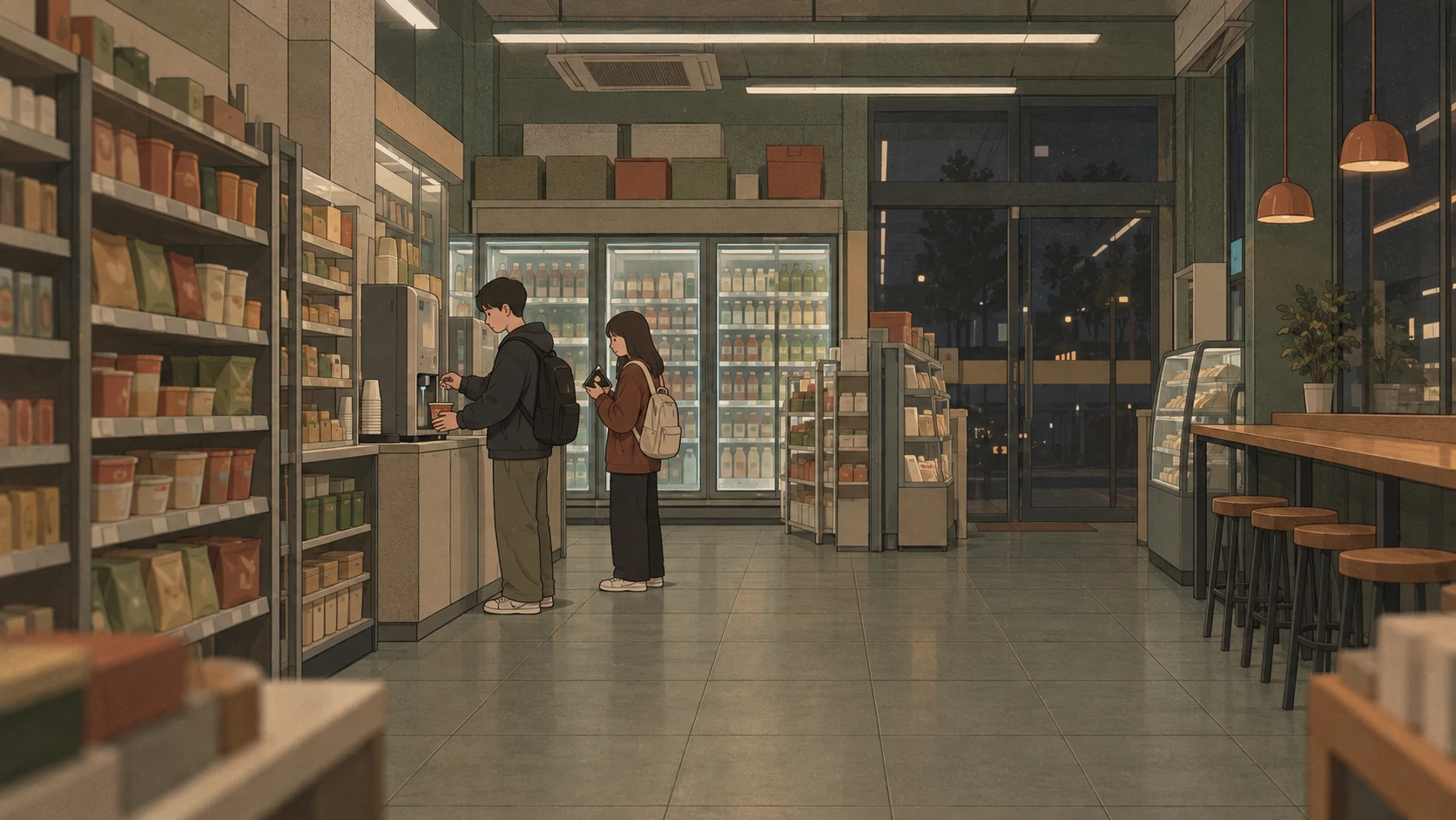 Korean convenience store food is prepared by two students using a hot-water dispenser late at night.