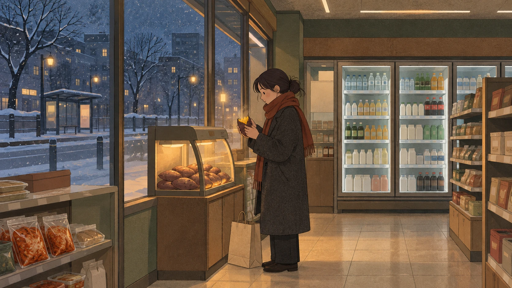 Korean convenience store food includes a roasted sweet potato eaten beside a heated display on a snowy night.