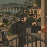A delivery rider hands over food at an apartment entrance in an illustration of Korean delivery culture.