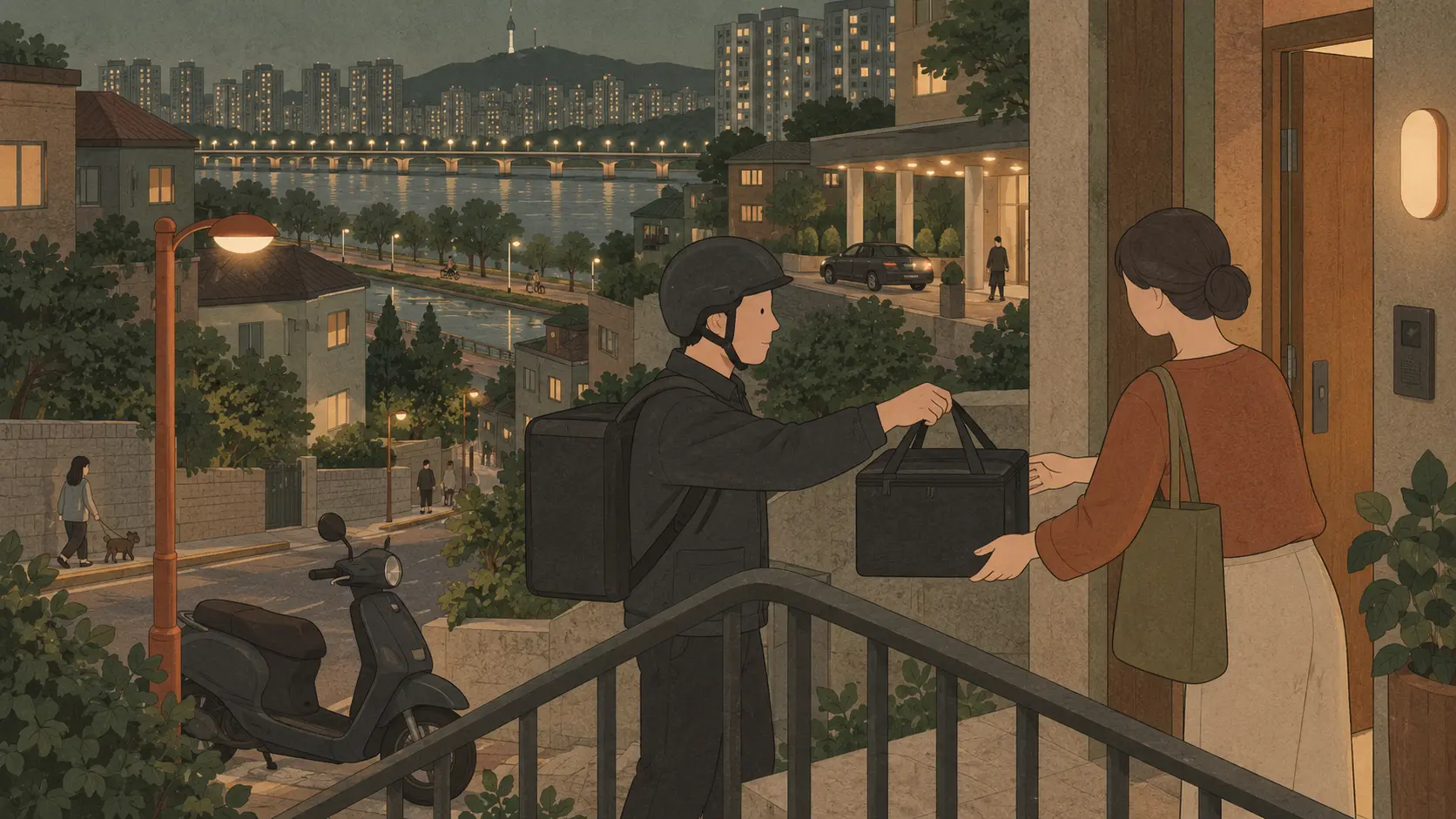 A delivery rider hands over food at an apartment entrance in an illustration of Korean delivery culture.