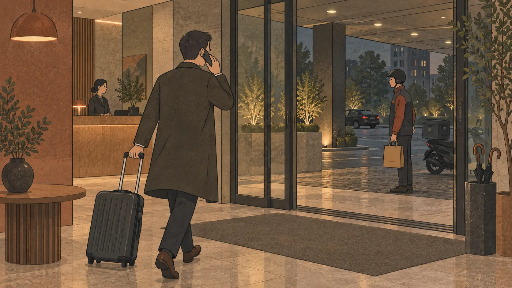 A hotel guest walks to meet a rider at the lobby entrance in Korean delivery culture.