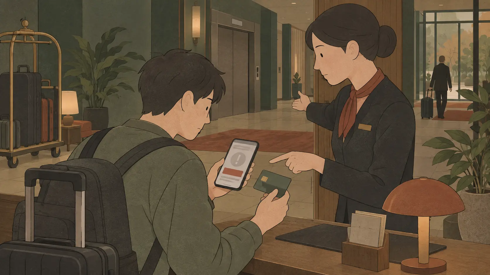An international traveler asks hotel staff for help with phone and payment barriers in Korean delivery culture.