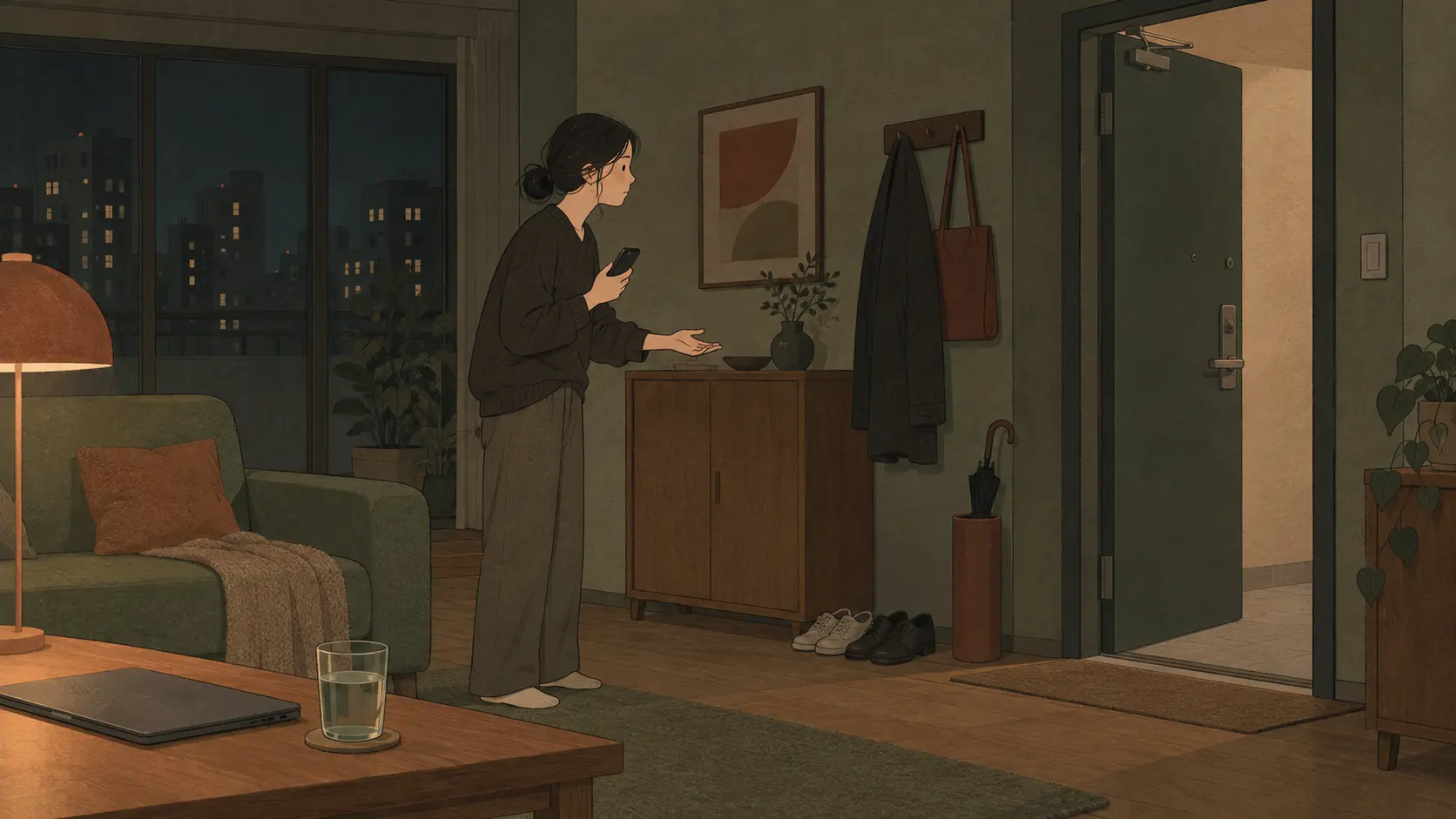 A woman at home checks her phone after a Korean delivery culture order went to the wrong address.