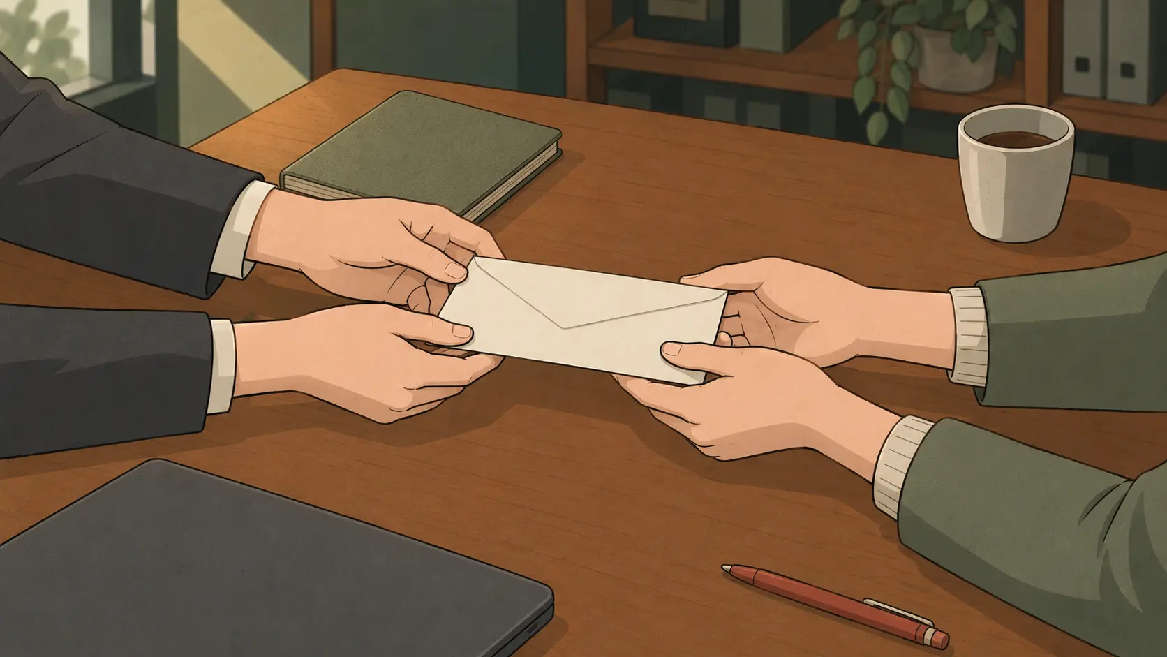 An office envelope transfer demonstrates Korean etiquette with both giver and receiver using two hands.
