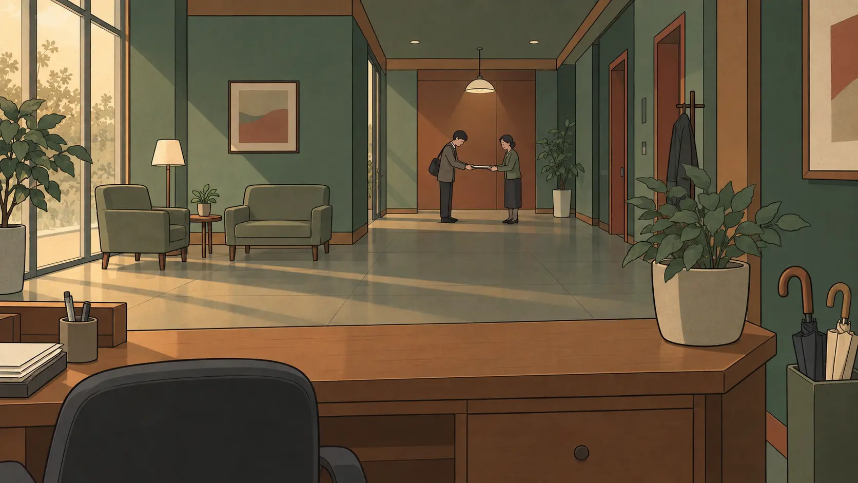 Two distant coworkers practice Korean etiquette while exchanging a folder with a slight bow in an office lobby.