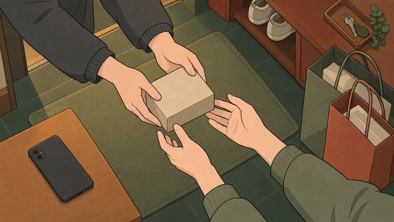 Korean etiquette shapes a box exchange after shopping bags and a phone are set aside at an apartment entrance.
