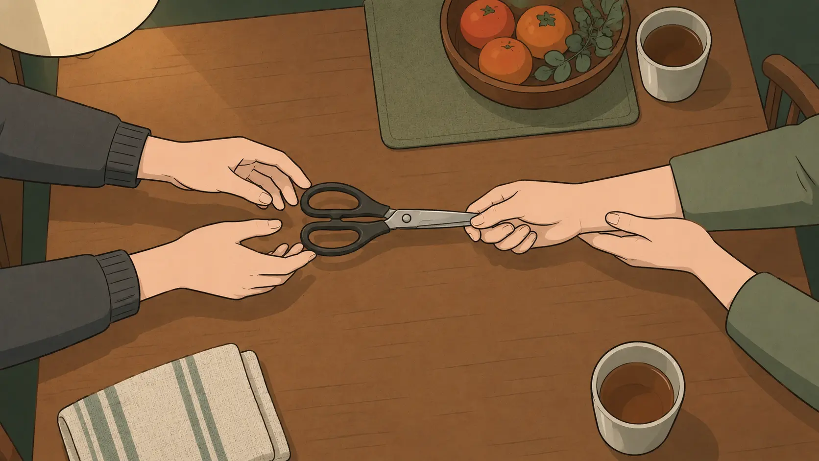 Korean etiquette guides four hands as scissors are passed handles-first across a family kitchen table.