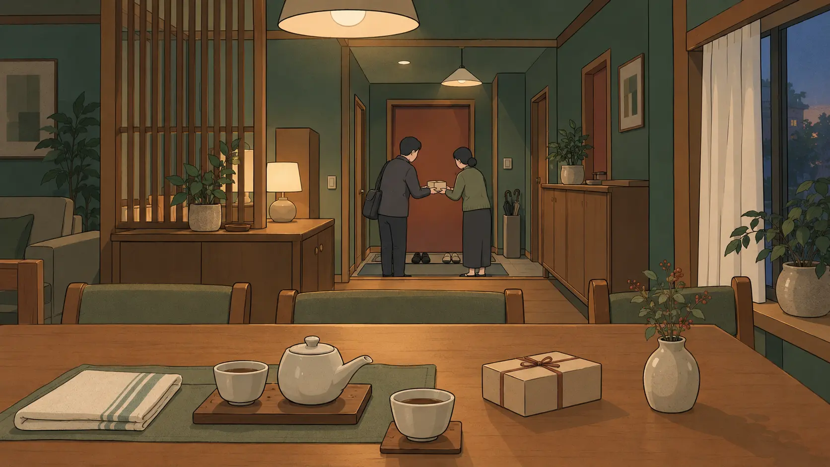 Korean etiquette shown through a two-handed gift exchange inside a layered Korean home at dusk.