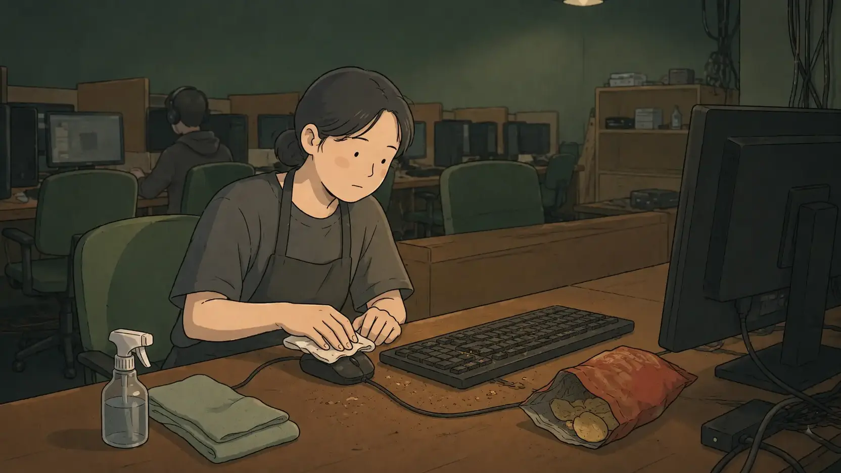 Korean PC bang culture from an employee’s view as she cleans chip crumbs and grease from a computer station.