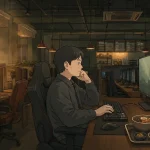 Korean PC bang culture connecting an old CRT gaming station with a modern computer, full meal, and iced tea.