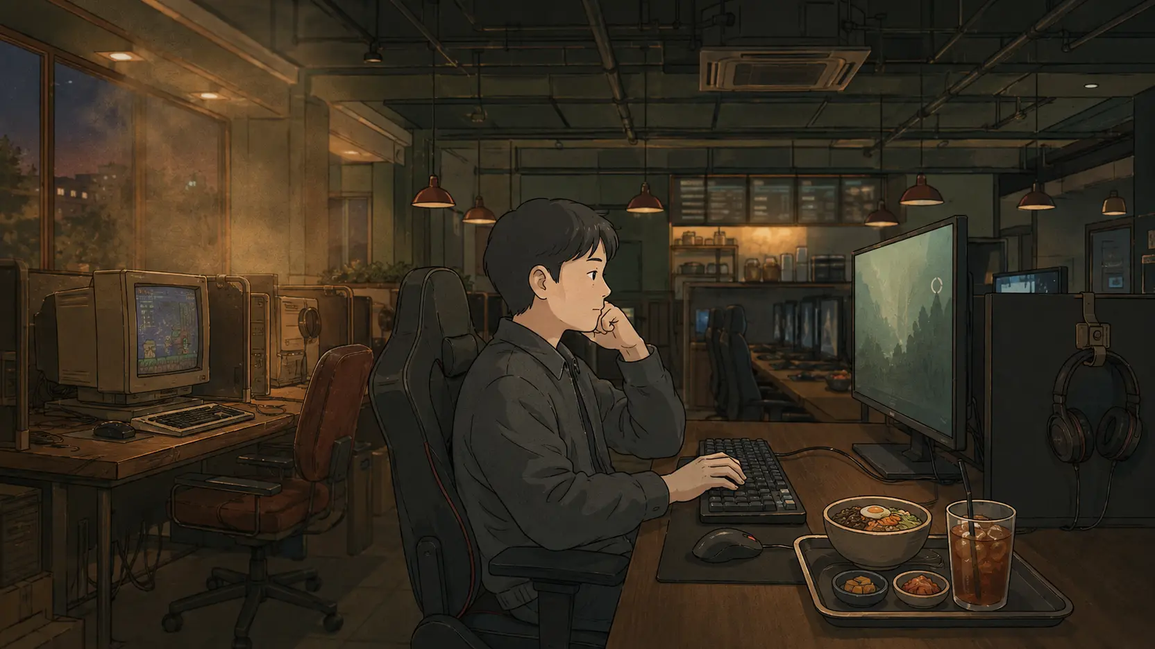 Korean PC bang culture connecting an old CRT gaming station with a modern computer, full meal, and iced tea.