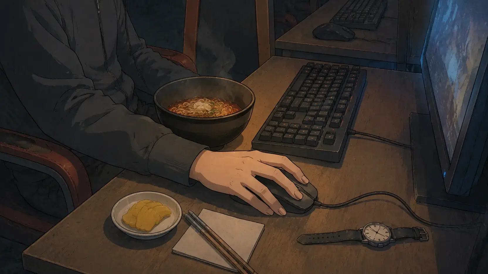Korean PC bang culture shown through cup ramyeon, yellow pickled radish, and one hand returning to a wired mouse.