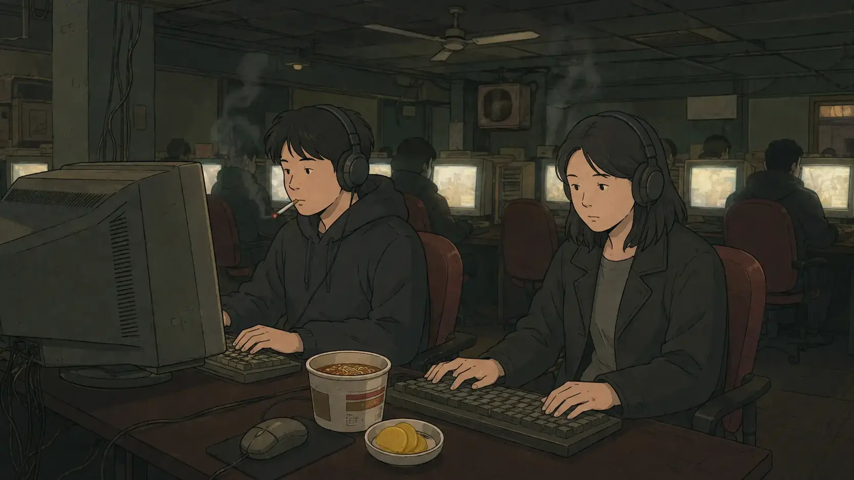 Korean PC bang culture in the early 2000s, with two gamers beside CRT monitors in a smoke-filled room.