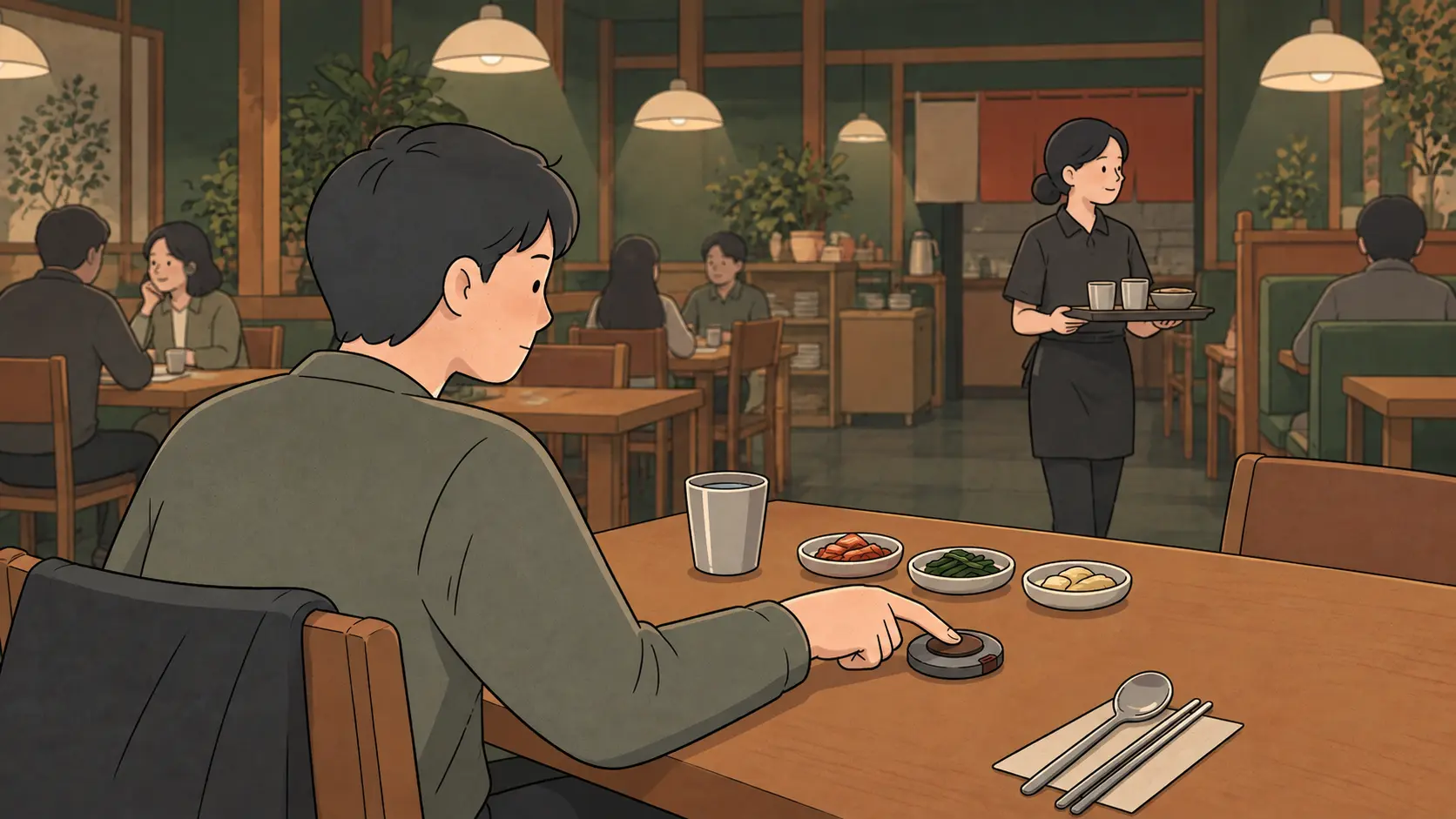A diner presses a Korean restaurant call button while a server carries a tray between tables.