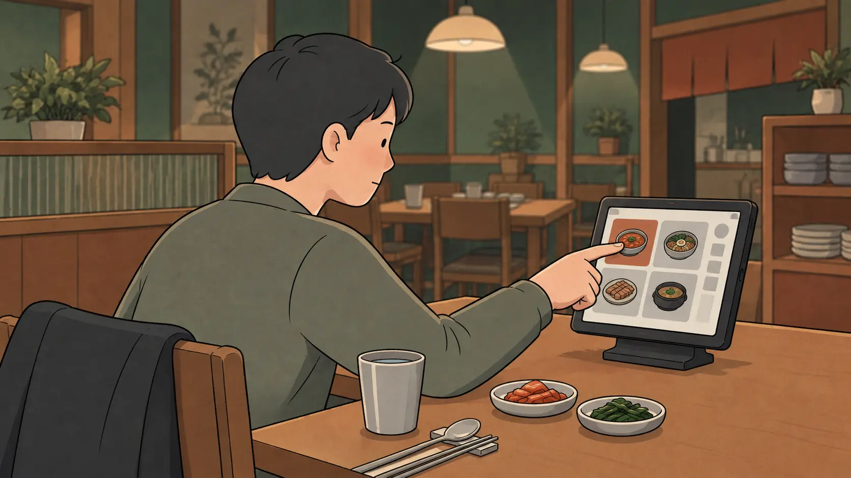 A diner uses a table-ordering tablet in this Korean restaurant call button article illustration.