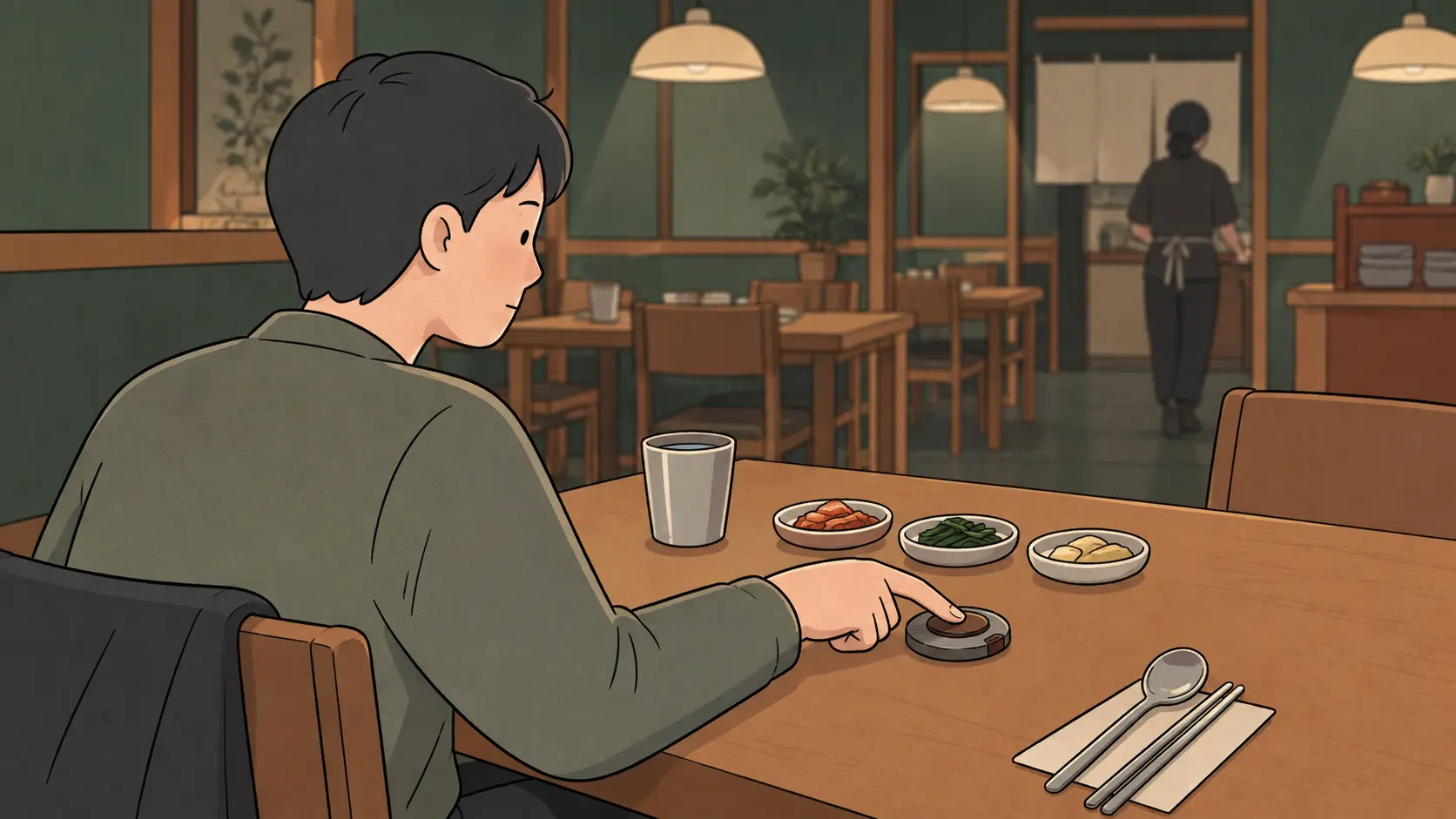 A seated diner presses a Korean restaurant call button beside small side dishes.